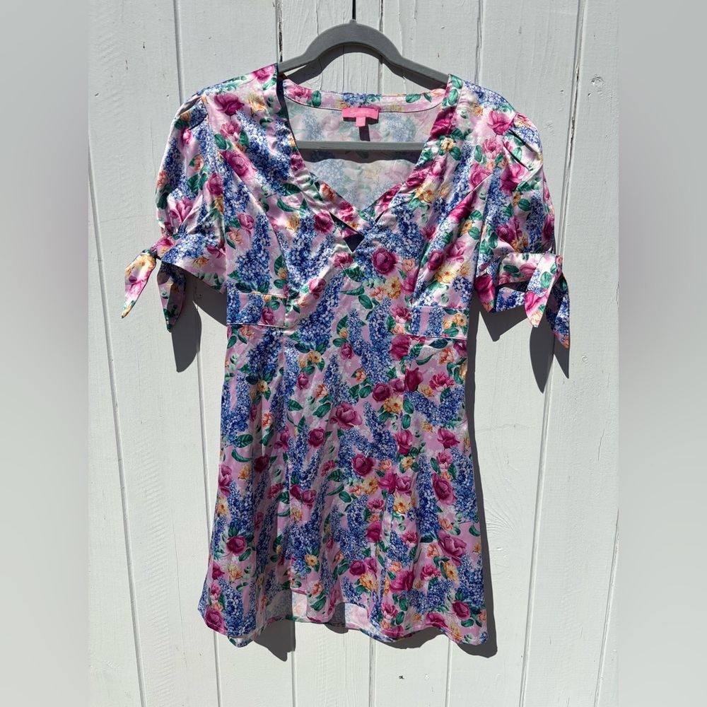 Sugar Thrillz Satin Pink Floral Mini Dress Medium
